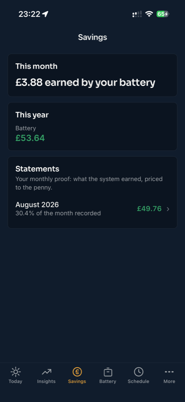 The Savings screen: monthly statements with what the battery earned.